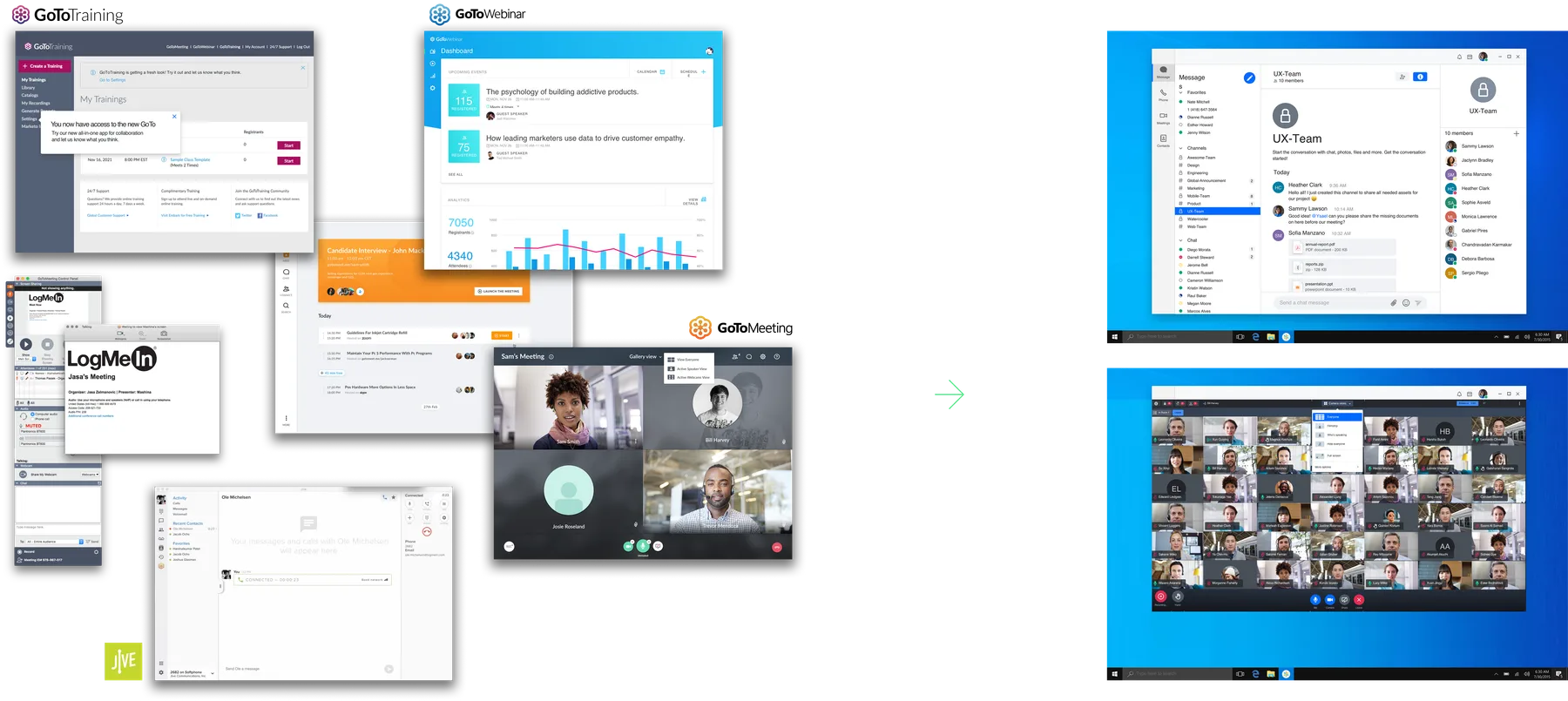 The four separate products (GoToMeeting, GoToWebinar, GoToTraining, and Jive Voice) being harmonized into one unified GoTo app