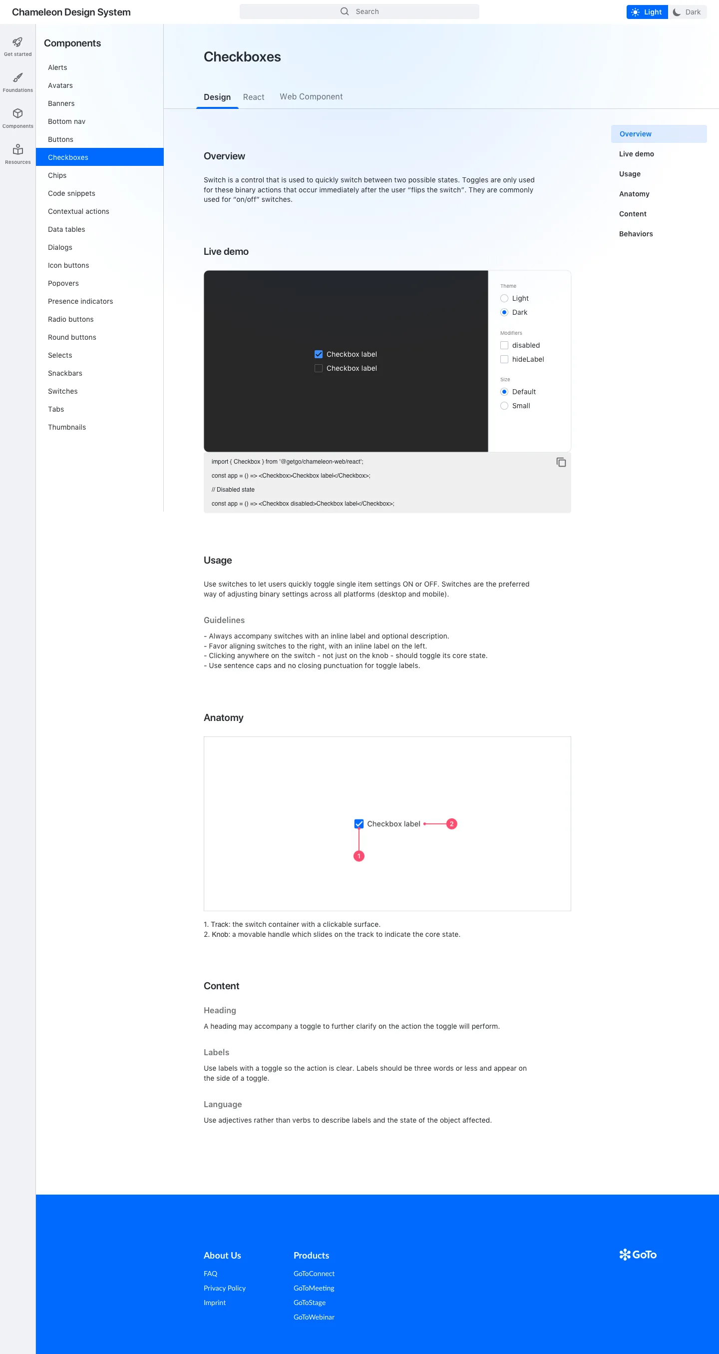 A Chameleon component documentation page, showing design guidance, usage, and a live demo